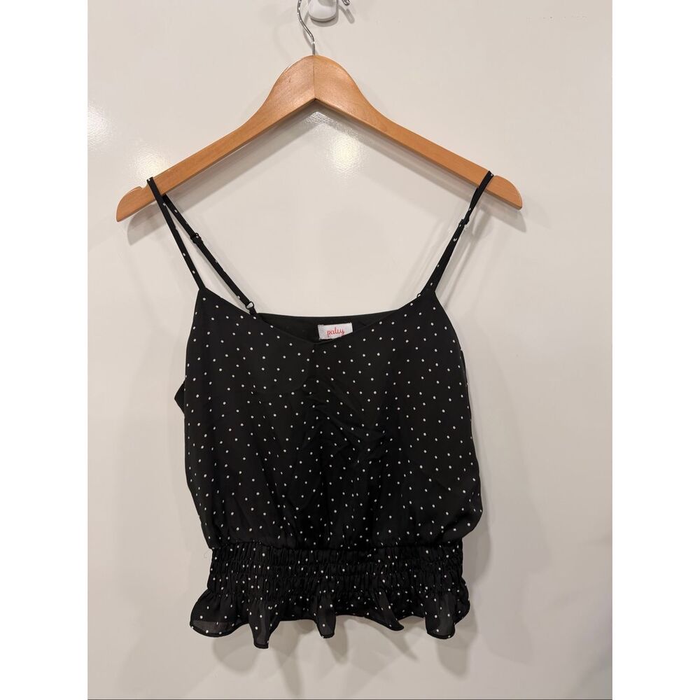 Pixley Black Polka Dot Smocked Crop Cami Top Med